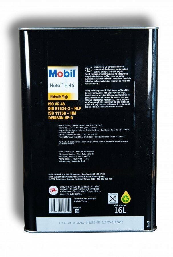 Mobil Nuto H 46 16 Litre Hidrolik Yağı