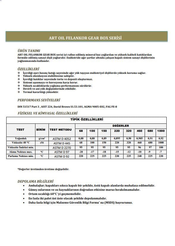 Artoil Felankor Gear Oil 320 - 3 Litre (Asansör Yağı )