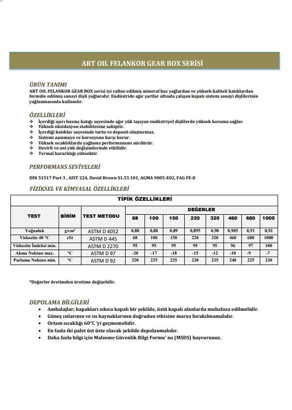 Artoil Felankor Gear Oil 320 - 3 Litre (Asansör Yağı )
